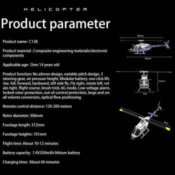 RC ERA C138 Bell 206 Scale-Hubschrauber 1:33, 6 Kanäle, Höhenhaltung, blau/weiß - RTF